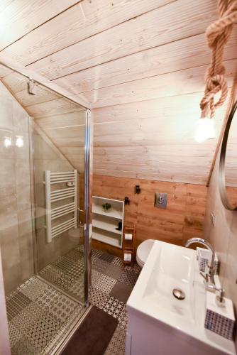 a bathroom with a shower and a sink at Babushka Noclegi in Białowieża