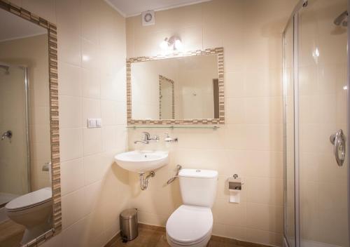ein Badezimmer mit einem WC, einem Waschbecken und einem Spiegel in der Unterkunft Hotel Las Piechowice in Szklarska Poręba