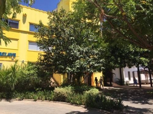 ein gelbes Gebäude mit einem Baum davor in der Unterkunft Slipway Studios in Daressalam