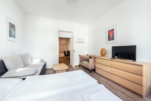 - un salon avec un canapé et une télévision dans l'établissement Apartments Praha 6, à Prague