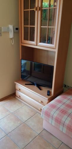 uma televisão de ecrã plano sentada numa cómoda num quarto em OKKER Apartman em Gyula