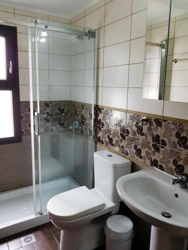a bathroom with a toilet and a sink and a shower at Villa Chiara in Limenaria