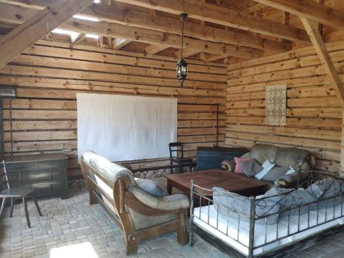 a room with a table and chairs in a cabin at Agroturystyka Oaza Ciszy i Spokoju in Międzychód