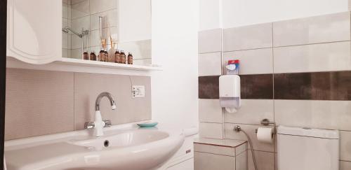 ein Bad mit einem Waschbecken und einem Spiegel in der Unterkunft Romantic Boutique in Focşani