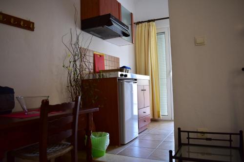 a kitchen with a refrigerator and a table in it at Marinakis Sea View Studios in Sougia