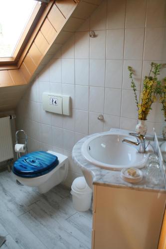 a bathroom with a toilet and a sink at Pension Grandel in Kottmar