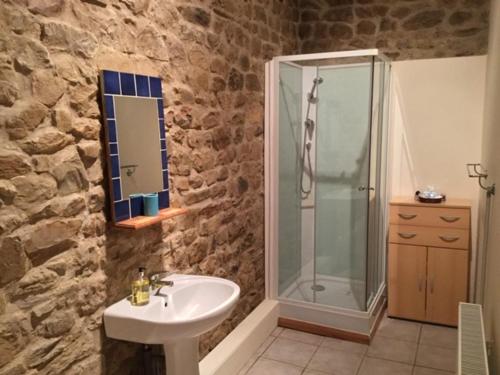La salle de bains en pierre est pourvue d'un lavabo et d'une douche. dans l'établissement Bonsentier, à Barenton