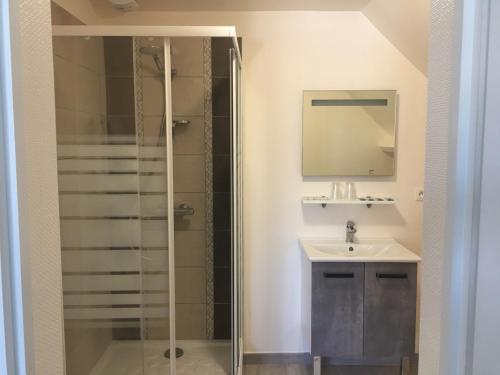 a bathroom with a glass shower and a sink at B&B de Saint Come de Fresné in Saint-Côme-de-Fresné
