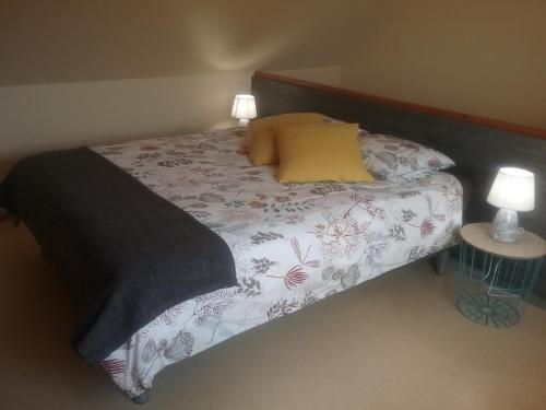 - un lit dans une chambre avec 2 lampes dans l'établissement Budor, à Rospez