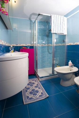 a blue bathroom with a toilet and a shower at Stella Maris House in Cetara