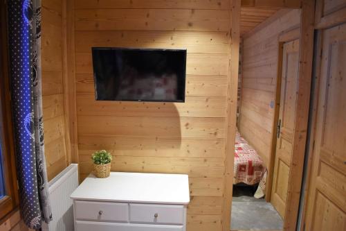 a small room with a tv on a wooden wall at Chalet le Petit Ramoneur in Châtel