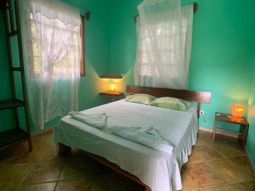 um quarto com uma cama com paredes verdes e uma janela em Luna Caribeña Village em Puerto Viejo