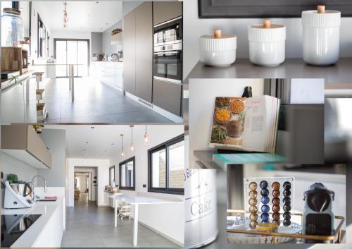 a collage of photos of a kitchen with white appliances at Spéciale Halloween - Idéal Familles & Groupes - 15min Parc Spirou - Nocturnes les 25, 30, 31 octobre et le 1er novembre - 10min Avignon - 5min Gare - Grand jardin clos - Parking gratuit - Au calme - Maison haut de gamme in Sorgues