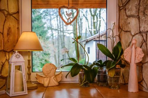 a window with a table with plants and a lamp at Dom na Klonowym Wzgórzu in Stronie Śląskie