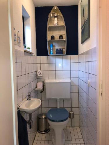 a bathroom with a blue toilet and a sink at Vakantiewoning Ouddorp - kindervriendelijk in Ouddorp