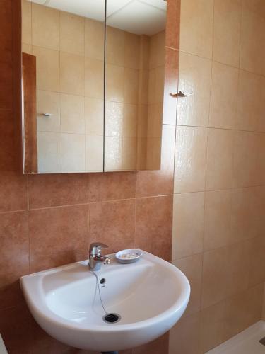 y baño con lavabo blanco y espejo. en Apartamentos Rurales La Dehesa del Acebuche, en Jaén