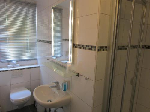 a bathroom with a sink and a toilet and a shower at Hotel & Gasthaus Sterngrund in Zella-Mehlis