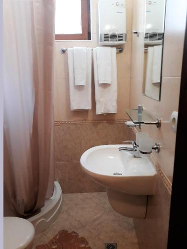 a bathroom with a sink and a toilet and towels at Apartment Snezhanka in Pamporovo