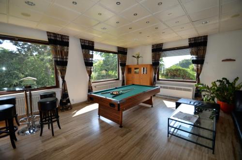 Habitación con mesa de billar y algunas ventanas. en Landhotel Sulzbacher Hof, en Frankfurt