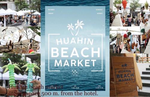 a collage of photos of a beach market with a sign at A Villa Hua Hin Hotel in Hua Hin