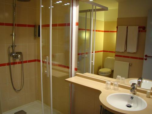 un bagno con doccia, lavandino e WC di LOGIS Hôtel Le Moulin Des Gardelles a Riom