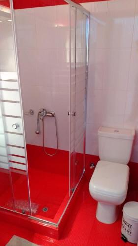 uma casa de banho com um WC e uma cabina de duche em vidro. em Violetta Studios em Paralio Astros