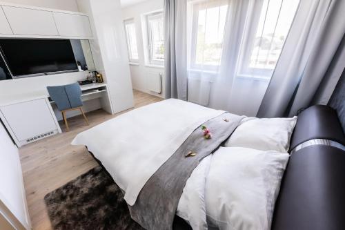 a bedroom with a bed and a tv and windows at More Than Accommodation in Bratislava