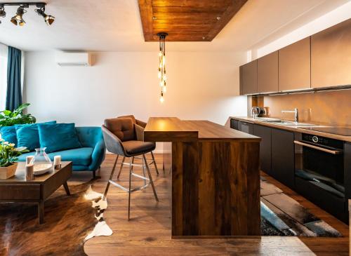 a kitchen and living room with a blue couch at More Than Accommodation in Bratislava