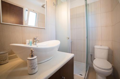a bathroom with a sink and a toilet and a shower at Halcyon Panorama Villas in Agios Nikolaos