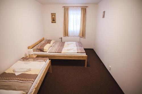 two beds in a small room with a window at Apartmány Alpský Dům in Železná Ruda