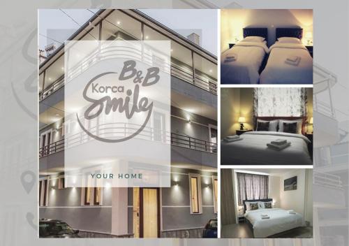 un collage de fotos de un hotel con una cama y una habitación en KorcaSmileHotel, en Korçë