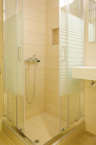a shower with a glass door next to a sink at Palm Studios in Limenas