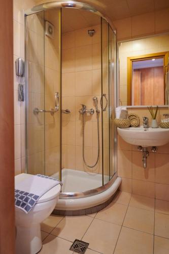 a bathroom with a shower and a toilet and a sink at Crystal City Hotel in Athens