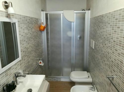 a bathroom with a shower and a toilet and a sink at BorgoPratole CountryHouse in Cingoli