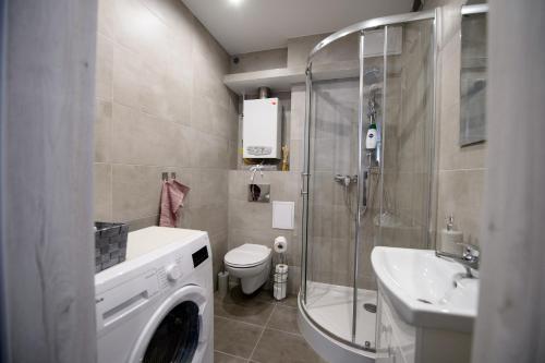 y baño con aseo, lavabo y lavadora. en APARTAMENT PRZYTULNY en Kielce