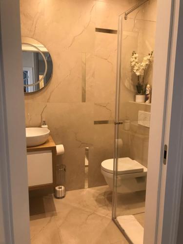 a bathroom with a shower and a toilet and a sink at Apartament w samym sercu Opola in Opole