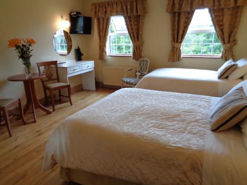 um quarto de hotel com duas camas e uma secretária em Redwood em Killarney