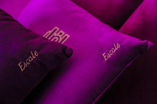 two pillows on a bed with purple sheets at Belle escale in Oujda