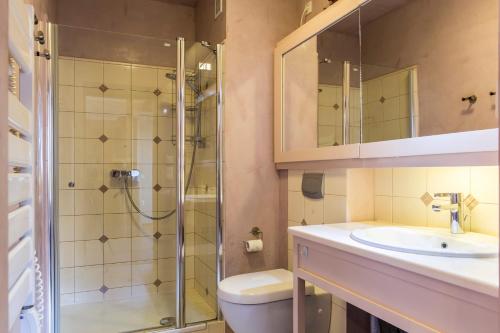 a bathroom with a shower and a toilet and a sink at Apartment Tiffany in Nowe Bystre