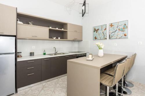 a kitchen with a counter and a sink and a refrigerator at Horizon Studios - Apartments in Rodakino