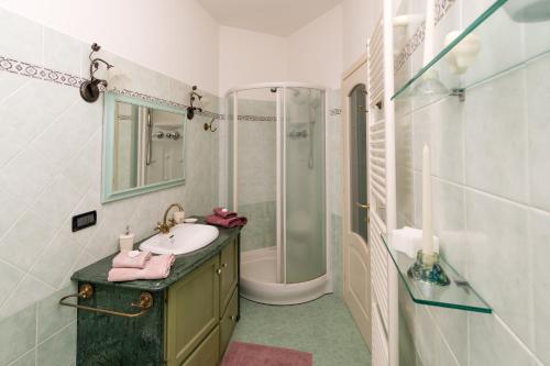 a white bathroom with a sink and a shower at la casa di Susanna in Rossiglione