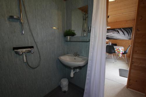 a bathroom with a shower and a sink in a room at Husodde Strand Camping & Cottages in Horsens