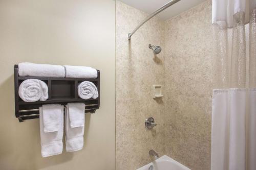 a bathroom with a shower and towels on a wall at La Quinta by Wyndham Moab in Moab