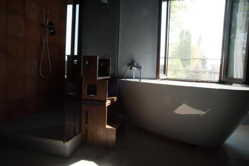 a bath tub in a bathroom with a window at Corte Mantovanella in SantʼAntonio