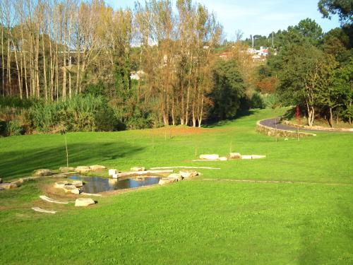 a pond in a grassy field with a creek at Areias do Douro GuestHouse in Gondomar
