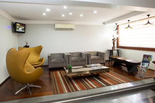 ein Wohnzimmer mit einem Sofa und einem Stuhl in der Unterkunft LEON PARK HOTEL e CONVENÇÕES - Melhor Custo Benefício in Campinas