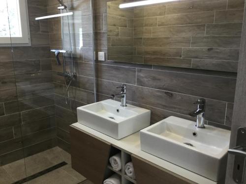 een badkamer met 2 wastafels en een douche bij Appartement avec jacuzzi in Porto-Vecchio