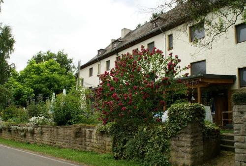 a house with a stone wall and red flowers at Altes Zollhaus Nähe Mullerthal Luxemburg in Ammeldingen