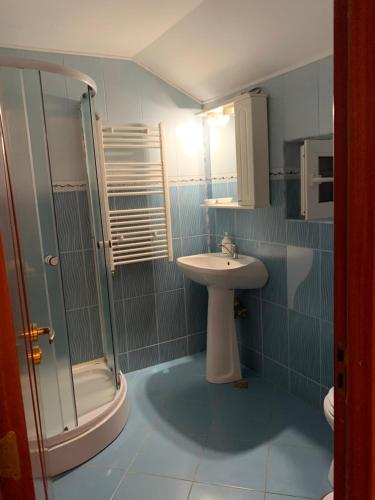 a bathroom with a sink and a shower at Casa Galbena in Slănic
