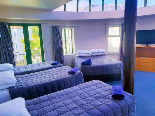 a bedroom with three beds and a tv and windows at Parklane Motor Lodge in Auckland